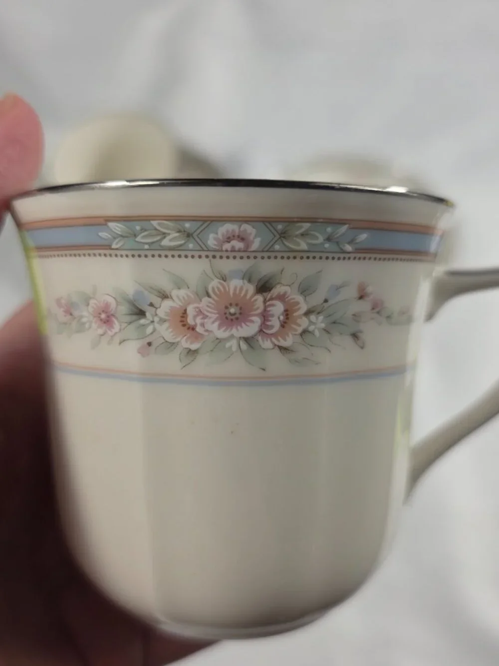 TWO Noritake Rothschild Cup & Saucer Sets Ivory Blue Band with Pink Flowers